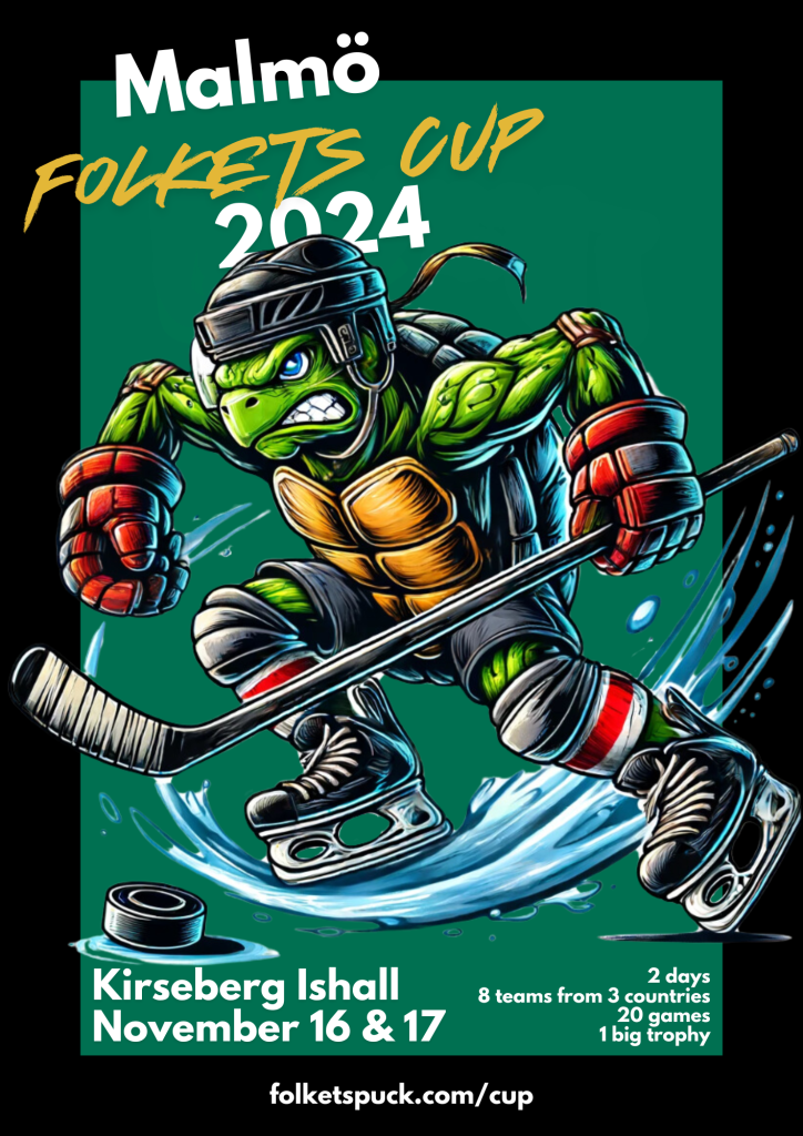 Turtle playing hockey, an advertising poster for Folkets Cup 2024.